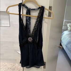 Elegant Blue Velvet Halter Top with Black Lace Trim